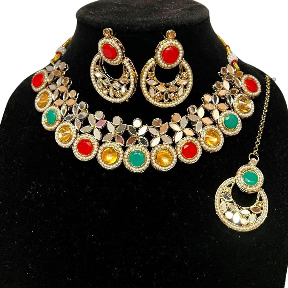 Gold Plated Mirror & Crystal Stone & Pearl Necklace Set